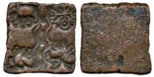 Eran, (c. 300-200 BC), Copper Unit, punch-marked coin with punches showing a lion, bull, e