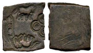 Eran, (c. 300-200 BC), Copper Unit, punch-marked coin with punches showing a river, horse,