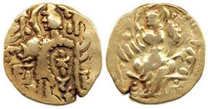 Kidarite, Anonymous, (early 5th century AD), Gold, Dinar, king standing left Kidara writte