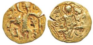 Kidarite, Anonymous, (early 5th century AD), Gold, Dinar, king standing left Kidara writte
