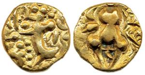 Kidarite, Pratapaditya, (5th century AD), Base Gold, Dinar, king standing left; rev. Ardok