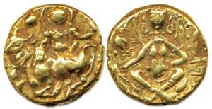 Bengal, Shashanka Deva, (c. AD 600-635), base Gold, Dinar, Shiva nimbate, seated facing on