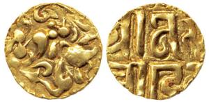 Kalachuris of Ratnapura, Prithivideva, base Gold, Dinar, obv. tiger mounted upon an elepha