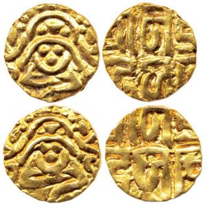 Kalachuris of Tripuri, Gangeyadeva, (c. 1015-40), Base Gold (2), 41/2 Masha, obv seated la