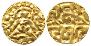 Kalachuris of Tripuri, Gangeyadeva, (c 1015-40) Gold, 4 ½ Masha, obv. seated lakshmi, rev.