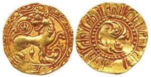 Kadambas of Hangal. Toyimadeva, (1048-1075) Gold, Pagoda, obv. lion advancing to right, he