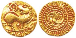 Kadambas of Hangal Toyimadeva (1048-1075) Gold, Pagoda, obv. lion advancing right, head le