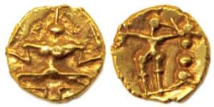 Hoysala, Gold, Fanam, obv. lakshmi; rev. Garuda, a rare variety of Hoysala Fanams. Very Fi