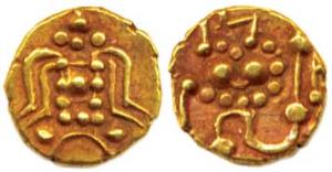 Hoysala, Gold, Fanam, obv. lakshmi, rev. lion, a different variety of Hoysala Fanams. Very