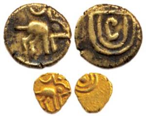 Kayasthas of Kurnool, Ambadeva (c AD 1273-1302), Gold (2), Fanam and ¼ Fanam, obv. boar to