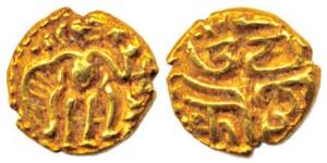 Imperial Cholas, RajaRaja I (AD 985-1014), Gold, Fanam, king standing looking right, rev. 