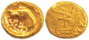 Imperial Cholas, perhaps a Chola ruler, Gold, Fanam, Uniface, curly lion on obv. Rare.