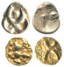 Kakatiya region, Fanam (2), one with uncertain design, the other with lion on obv.; geomet