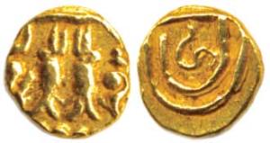 Alupas of Udupi, Gold Fanam, obv. two vertical fish, rev. Kannada Sri. (Mitch. Karnataka-A