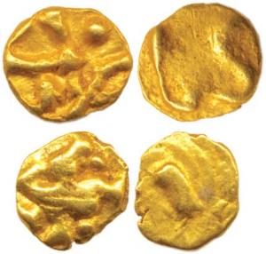 Bukka I (AD 1344-77), Gold (2), Fanam, obv. Garuda running right holding serpent in hand; 