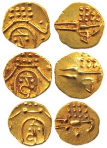 Marathas, Tanjavore, Venkoji, Gold (3), Fanam, Ve on obv., degenerate crocodile rev. (Mahe