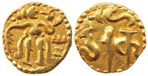 Cholas, Sri Lanka, Gold, Fanam, obv. king standing; rev. Nagari legend Darak. Very Fine, R