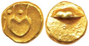 Anonymous, Gold, Pagoda, obv. boat and uncertain symbol; rev. possibly the Gol Gumbaj of B