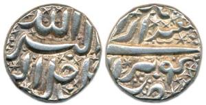 Akbar, Silver, Rupee, Berar Mint, Allahu Akbar type, Ilahi 4x, Isfandarmuz Month (KM 93.6)