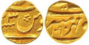 Aurangzeb, Muhi ud-din (AH 1068-1118, 1658-1707 AD), Gold, ¼ Mohur, Burhanpur Mint (by sty