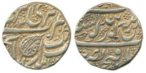 Silver, Rupee, Amritsar Mint, VS 1884, but yr 99 on other side indicating 1899, pipal leaf