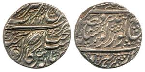 Silver, Rupee, Amritsar Mint, 1872, a small face like symbol in the laam of Akal and pipal