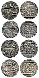 Silver (4), Rupee, Amritsar Mint, 1882, 1883, 1884, 1884 year 85, pipal leaf (KM 20.1). Ve