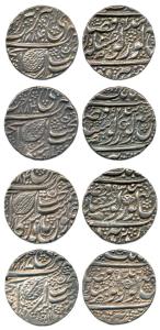 Silver (4), Rupee, Amritsar Mint, 1884/91, 1884/92, 1884/93, 1885/93 pipal leaf (KM 20.1).