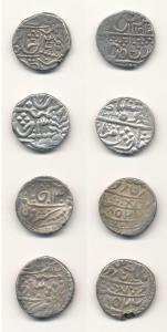 Silver (4), Rupee, year 13, rev. dates 1852, 852, 233, 3121, bold Ma and katar. Very Fine.
