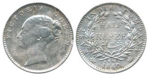 Victoria Queen, ½ Rupee, 1840, continuous legend (KM 455). Fine+.