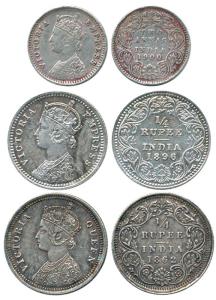 Victoria Queen, Silver, ¼ Rupee, 1862, 1896; and 2 Annas, 1900. Fine to Extremely Fine. (3