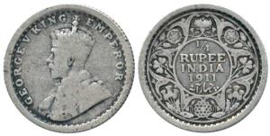 King George V, Silver, ¼ Rupee, 1911, rare date. (KM 42.1). Fine, Rare.