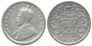 King George V, Silver, 2 Annas, 1911, rare date. (KM 43.1). Fine, Rare.