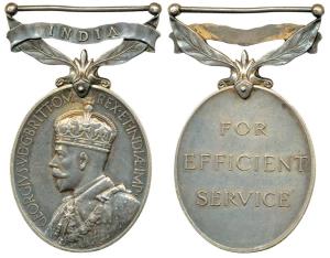 Efficiency Medal, George V, 1930, Silver, India written on a foliated bar, For Efficient S