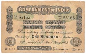 Government of India, Uniface, Rupees 100, green under print, Calcutta circle, signed H. De