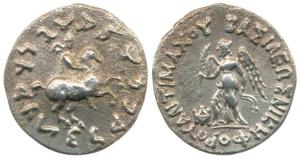 Indo-Greeks, Antimachos Nikeferos, Silver Drachme, goddess standing to left and Greek lege