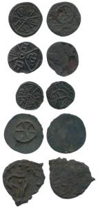 Banavasi, Copper (5), Sri Manarasi (2); and Dosharasi; lotus on obv. and a Shankha on rev.