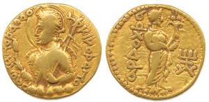 Kushanas, Huvishka, Gold Dinar, Goddess Ardoksho, king seated on clouds to left, holding a