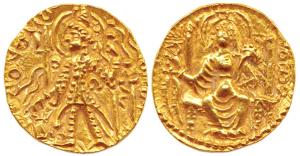 Kushnas, Vasudeva II, Gold Dinar, king standing to left offering oblations at an altar on 