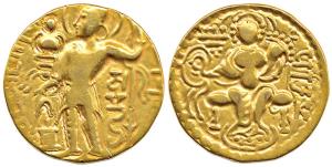 Guptas, Samudragupta (AD 335-380), Gold Dinar, Standard type, king nimbate, standing left,