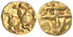 Rashtrkutas, Gold, 0.10 g, ¼ Fanam, a lion to right on obv., and symbol on rev. Very Fine+