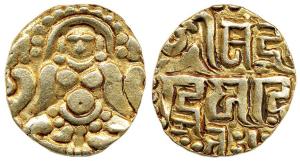 Gahadavalas of Kannauj and Kashi, Govinda Chandra (AD 1114-1154), base Gold Dinar, seated 