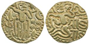 Cholas, Raja Raja I, base Gold, 4.23 g, Kahavanu, king standing to right on obv. with Naga