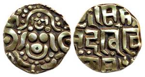 Muhammad bin Sam, base Gold, Lakshmi type, goddess seated on obv., Nagari legend Shri Muha
