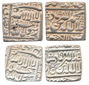 Akbar, Silver (2), Square Rupee, Fathpur and Jaunpur Mints, Kalima type. Very Fine+, Scarc
