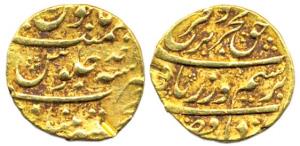 Farrukhsiyar, Gold Mohur, Khujista Bunyad Mint, RY Ahad, mint name at bottom on rev. A sma