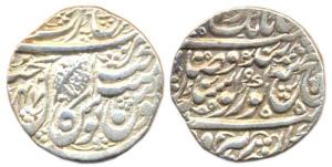 Amritsar Mint, Silver Rupee, VS 1847, Nanak Shahi couplet, with a leaf on rev, date at lef