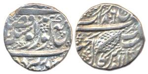 Amritsar Mint, Silver Rupee, error date VS 1806, Nanak Shahi couplet, with a leaf on rev. 