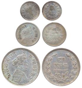 Sayaji Rao III, Silver (3), Rupee, 4 Annas and 2 Annas, Broad flan variety, VS 1948, 1949,