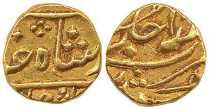 Gold, Rupee or 1/5 Mohur, in the name of Shah Alam II, Surat Mint, RY (47), privy mark No.